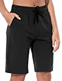 BALEAF 10" Lightweight Golf Bermuda Yoga Shorts for Women Cotton Pajama Lounge Shorts Workout Athletic Long Pocket Shorts Black Size L