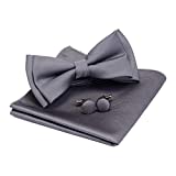 GUSLESON Men's Bow Ties Solid Gray Bow Tie Silk Pre-tied Bowtie and Pocket Square Cufflink Sets (0577-05)