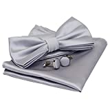GUSLESON Mens Solid Silver Gray Bow Tie Charcoal Color Pre-tied Wedding Bowtie and Pocket Square Cufflink Set With Box (0570-09)