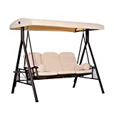 Outsunny Outdoor Patio 3-Person Steel Canopy Cushioned Seat Bench Swing with Included Side Trays & Padded Comfort, Beige