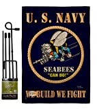 Sea Bees Burlap Garden Flag - Set with Stand Armed Forces Navy USN Seabee United State American Military Veteran Retire Official - House Banner Small Yard Gift Double-Sided Made In USA 13 X 18.5