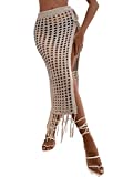 Verdusa Women's Fringe Split Knitted Swimsuit Beach Crochet Cover Up Skirt Camel L