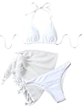 Verdusa Women's 3 Piece Bathing Suit Triangle Bikini Swimsuit Set with Cover Up Skirt White M