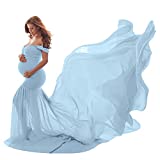 Women V Neck Maternity Off Shoulder Mermaid Chiffon Gown Elegant Slim Fitted Maxi Trailing Long Evening Dress Stretchy Pregnancy Photography Baby Shower Dress for Photo Shoot Wedding Photo Light Blue