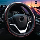 Valleycomfy Steering Wheel Covers Universal 15 inch - Genuine Leather, Breathable, Anti Slip & Odor Free (Black with Red Lines, M(14" 1/2-15" 1/4))