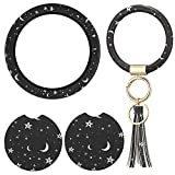 4 Pieces Black Moons White Stars Print Car Accessories Set Black Moons White Stars Steering Wheel Cover with 2 Pieces Car Coasters and Leather Keyring for Car Truck SUV