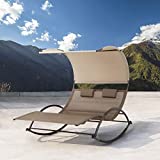 Crestlive Products Outdoor Double Chaise Lounge Chair Swing Rocking Portable Hammock Bed Loveseat with Sun Shade & Wheels for Patio, Yard, Pool (Brown)