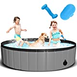 JUOIFIP Foldable Large Dog Pet Pool 63"x12" XXL Portable Pet Swimming Pool Kiddie Pool for Pets Hard Plastic Pool Indoor Outdoor Pet Pool for Large Dogs Cats and Kids,Grey (Bonus Brush+Chew Toy)