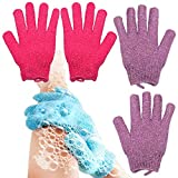 Exfoliating Bath Gloves Body Scrub Loofah Sponge,Luxury Spa Hand Gloves Dead Skin Cell Remover Health Care Gloves,Shower Massage Scrubber Improves Blood Circulation, 2 Pairs (Red & Bright Violet)