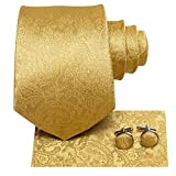 Hi-Tie Mens Gold Paisley Necktie with Handkerchief Cufflinks Set for Wedding
