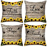 4 Pieces Sunflower Throw Pillow Covers Decorative 18 x 18 Inches Pillowcase Faith Love Hope Family Square Pillow Cushion for Couch Sofa Bed Living Room Car Chair (Light Brown)