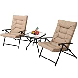 SUNCROWN 3 Pcs Patio Padded Folding Chair Set Outdoor Foldable Balcony Chair Adjustable Lounge Chair Bistro Set with Coffee Table (Khaki)