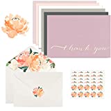 Thank you Cards - 42 Bulk Blank Gold Foil & Linen Paper Set with 6 Colors, 7 of each, Watercolor Flora Envelope & Matching Stickers, Greeting Cards for Wedding Bridal Showers Baby Showers