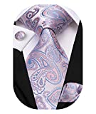Hi-Tie Pink and Blue Paisley Silk Tie and Handkerchief Cufflinks Set for Wedding