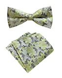 Men Green Silver Silk Cravat Bow Tie Pocket Square Set Jacquard Mint Wedding Holiday Prom Neckwear