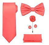TIE G 5pcs Tie Set in Gift Box : Solid Color Necktie, Satin Bow Tie, Pocket Square, Lapel, Cuff Links (Coral)