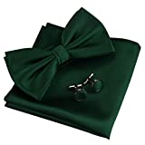 Mens Dark Green Bow Tie Solid Wedding Pre-tied Bowtie and Pocket Square Cufflink Set (0570-29)