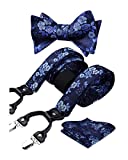HISDERN Bow Tie and Suspenders for Men Blue Floral Suspender Bowtie Set Adjustable Strong 6 Clips Y-Back Paisley Tuxedo Suspender Bowties Pocket Square for Wedding Party