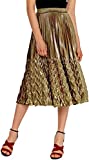 CHARTOU Women's Glitter Metallic Chevron Pattern Gold & Silver Mid-Long Accordion Pleated Skirts (Gold, Large)