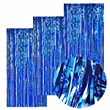 Blue Foil Fringe Curtains, Blue Streamers Backdrop, 3Packs 3.2ft x 8.2ft Blue Metallic Tinsel Curtains for Birthday Party Photo Booth Props Backdrop Decorations