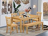 East West Furniture Rectangular Dining Table Set 6 Pc - Wooden Modern Dining Chairs Seat - Oak Finish Dining Room Table and Bench