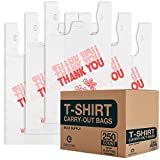 T Shirt Bags - White Plastic Bags with Handles - Shopping Bags for Small Business, Grocery Bags, Take Out / To Go Bags for Restaurant, Disposable Tshirt Bags for Retail (250)
