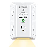 Outlet Extender with Night Light, USB Wall Charger, POWLIGHT 5-Outlet Surge Protector Power Strip with 4 USB Ports, 1680 Joules Multi Plug Outlet with Spaced Outlets for Home, Office, White