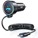 USB C Car Charger, 55W 3-Port Fast Car Charger PD3.0 & QC3.0 Fast Charging with 5ft 30W Super Fast Type C Coiled Cable for Samsung Galaxy S22/21, Android/iPhone/Google Pixel, iPad Pro