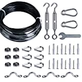 Brightown String Lights Hanging Kit for Outdoor, Includes 100Ft Stainless Steel(304) Suspension Rope Cable in Black Vinyl-Coated, Turnbuckle, Thimble, Hooks.Heavy Duty and Easy to Install