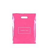 Pink Die Cut Plastic Shopping Bags with Thank You Logo 9" x 12" Boutique Bags with Handles 50 Pack for Merchandise, Gifts, Trade Shows and More