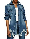 Tanming Womens Ripped Distressed Long Sleeve Lapel Button Jeans Denim Jacket Coats (Darkblue#2, Medium)