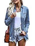 Xishiloft Womens Ripped Denim Jacket Lapel Long Sleeved Buttons Down Washed Solid Color Distressed Top Jacket(Dark-Blue,M)