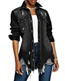 ThusFar Women Long Button Down Distressed Frayed Raw Hem Ripped Casual Denim Shirt Jacket Jean Coat with Pockets Black L