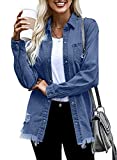 Dokotoo Jean Jackets for Women Fashion Ripped Distressed Casual Long Sleeve Denim Jacket Stretch Basic Button Down Boyfriend Jean Coat Winter Spring Autumn,US 8-10(M),Blue