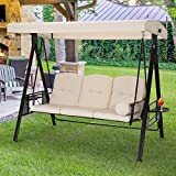 AECOJOY 3-Seat Outdoor Large Converting Canopy, Outdoor Patio Swing Glider Chair with Weather Resistant Steel Frame Cup Holders&Cushions, Adjustable Tilt Canopy, Beige