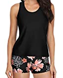 Yonique Tankini Swimsuits for Women 3 Piece Bathing Suits Swim Tank Top with Boy Shorts and Bra Modest Swimwear Black and Orange M