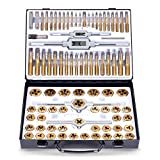 ORION MOTOR TECH 86pc Tap and Hex Die Set in SAE and Metric | Titanium Coated Steel Tap Set and Die Tool Set for Homeowners Mechanics Metric Standard Internal External Threading(Iron Case)