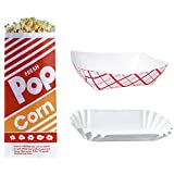 Disposable Paper Food Tray Variety Bundle. Holds Nachos, Fries, Hot Corn Dogs, and More! 100 of Each. (Food Trays, Fluted Hot Dog Trays, and Popcorn Bags)