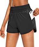 SANTINY Women's Running Shorts with Phone Pockets High Waisted Athletic Workout Gym Shorts for Women with Liner (Black_S)