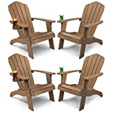 Oversized Plastic Adirondack Chair Set of 4 with Cup-Holder, Weather Resistant, Poly Lumber Outdoor Chairs Duty Rating Widely Used in Patio, Lawn, Outside, Deck, Garden Chair-Teak