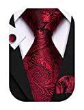Barry.Wang Black and Red Paisley Ties Pocket Square Cufflink Wedding Set