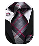 Hi-Tie Black and Red Plaid Tie for Men Silk Neckties Business Formal Suit Tie Set with Pocket Square
