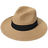 Lanzom Women Wide Brim Straw Panama Roll up Hat Fedora Beach Sun Hat UPF50+ (02-Fold Belt Brown)
