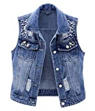 LifeShe Womens Beading Pearls Sleeveless Denim Vest Jean Jacket Coat (Blue, XL)