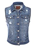 Design by Olivia Women's Classic Sleeveless Stone Wash Distressed Denim Vest Medium Denim 2XL