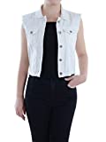 Anna-Kaci Womens Distressed Denim Button Up Sleeveless Crop Vest, Off-White, Medium