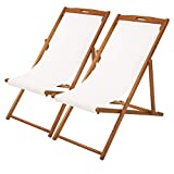 FDW Beach Sling Patio Chair for Relaxing, Foldable with Adjustable Height Made from Eucalyptus Wood with White Polyester (White, Brown)