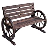 Outsunny Wooden Wagon Wheel Bench Rustic Outdoor Patio Furniture, 2-Person Seat Bench with Backrest Carbonized