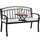 AVAWING Outdoor Metal Garden Bench, Patio Porch Bench w/Pullout Middle Table Cushion, Steel Double Seat for Park Yard Lawn Deck Entryway