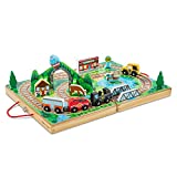 Melissa & Doug 17-Piece Wooden Take-Along Tabletop Railroad, 3 Trains, Truck,Play Pieces, Bridge